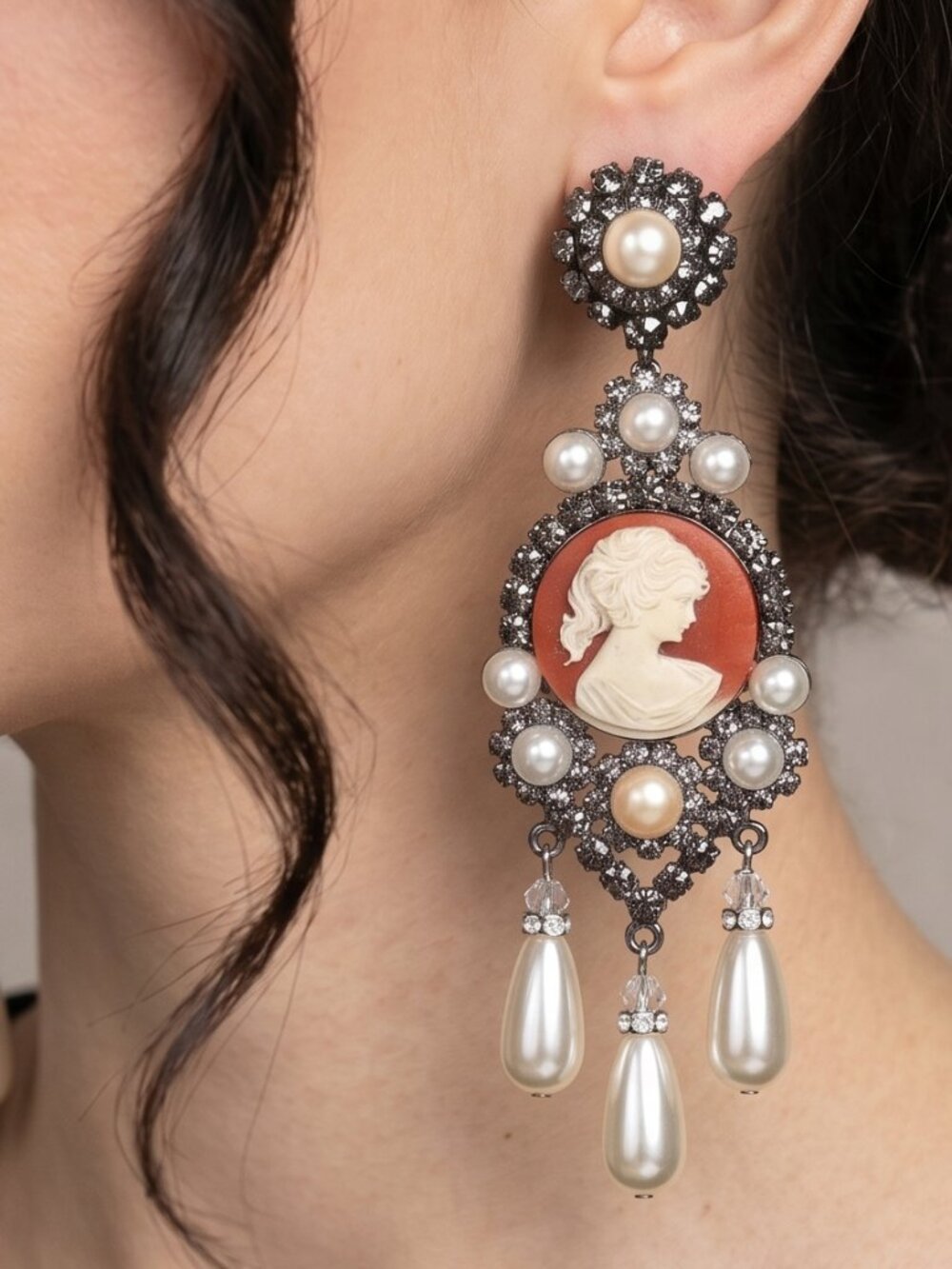 Vintage Lawrence “Larry” Vrba Cameo Earrings, Signed Designer Statement Earrings